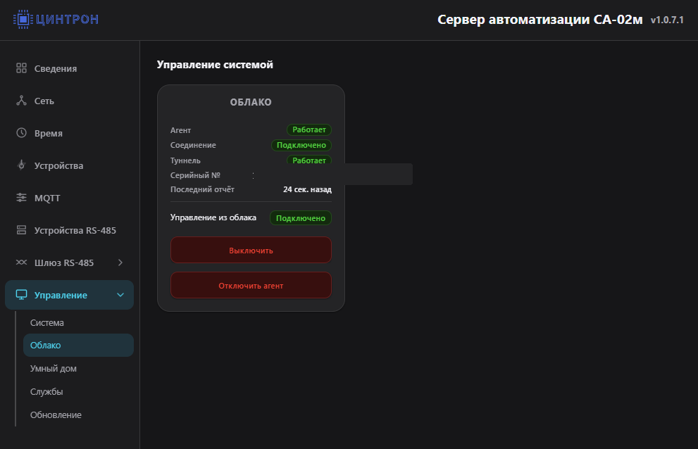 Карточка Облако после привязки: агент работает, соединение подключено, туннель работает